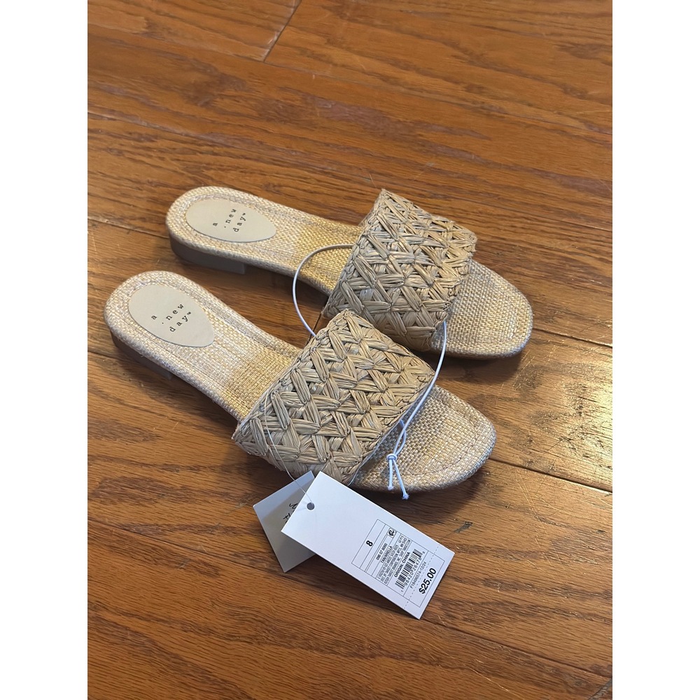 A New Day Ariella Tan Raffia Woven Slide Sandals Memory Foam Flat Shoes Womens 8